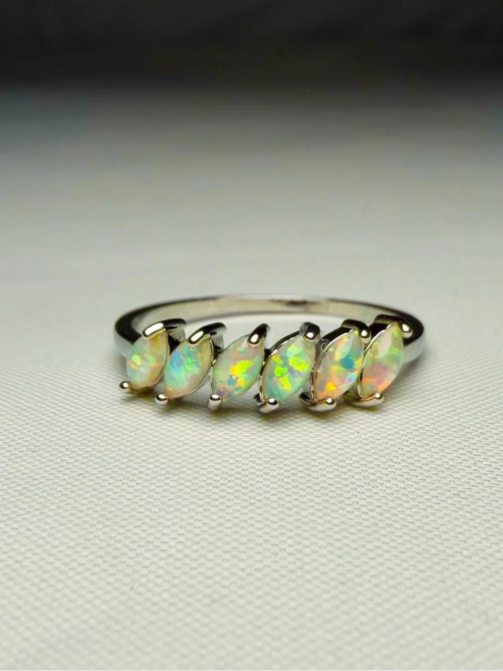 Natural Opal Ring 6 Stone Marquise White Gold Over Sterling Silver Band